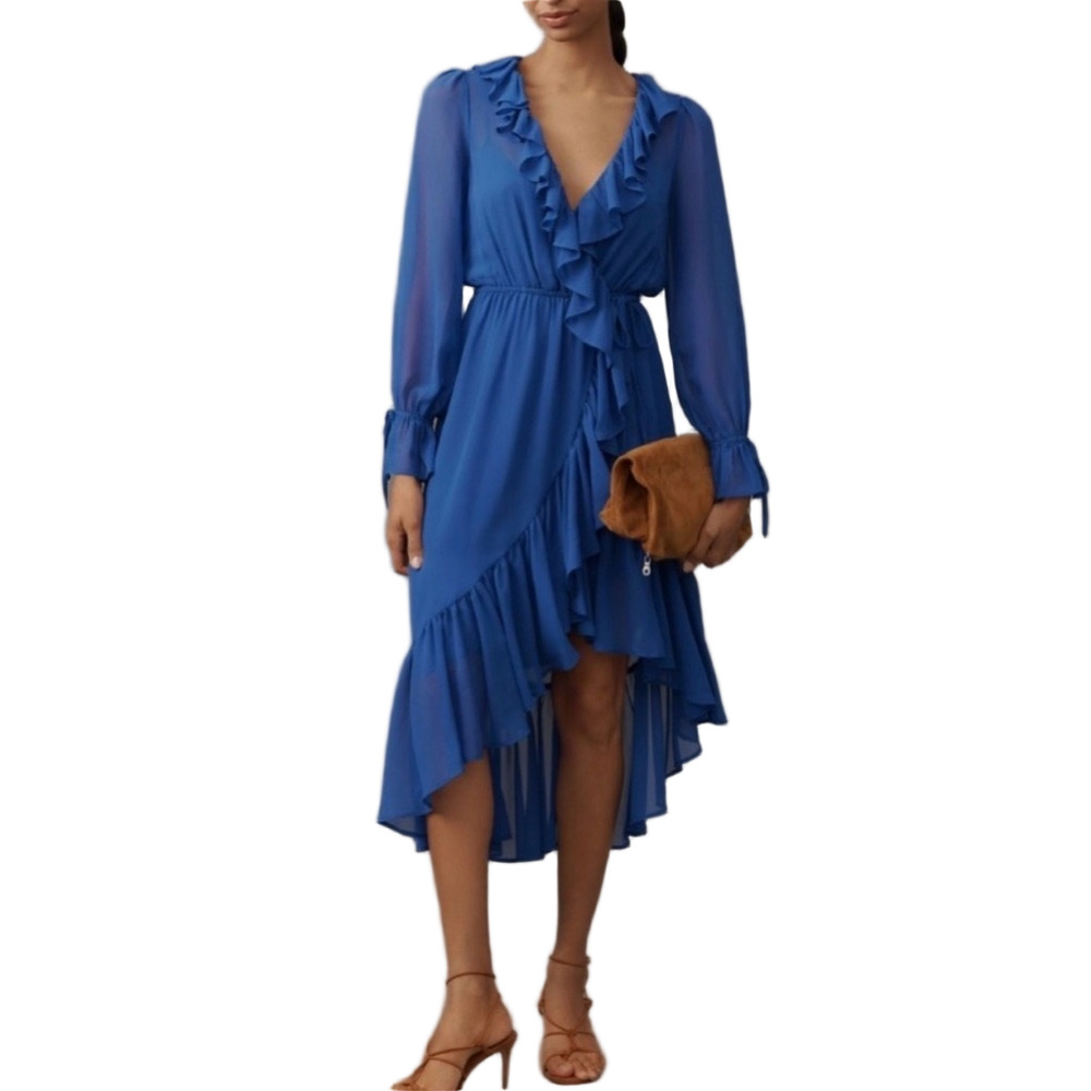 Anthropologie Royal Blue Ruffle Wrap Maxi Dress summer wedding guest boho luxe